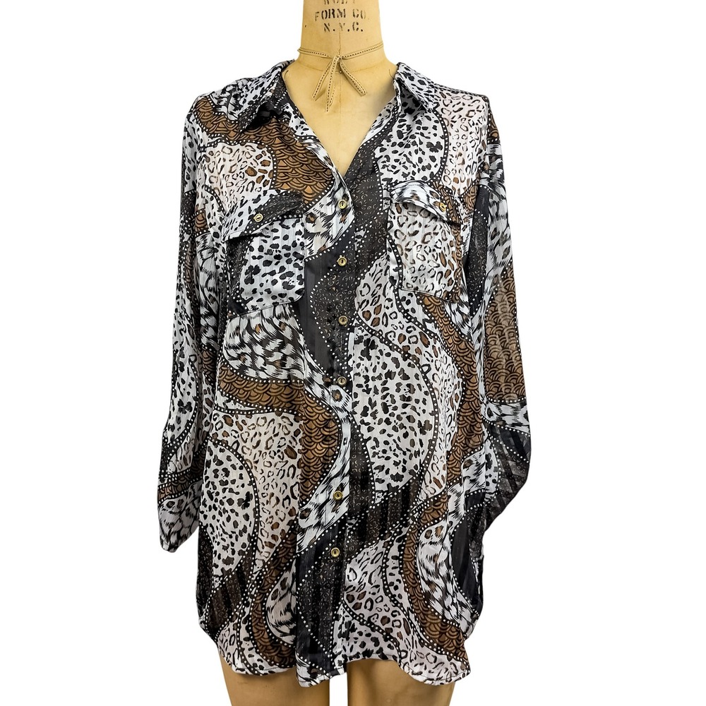 Dressbarn Sheer Burnout Leopard Print Button Down Shirt Whimsical Workwear XL